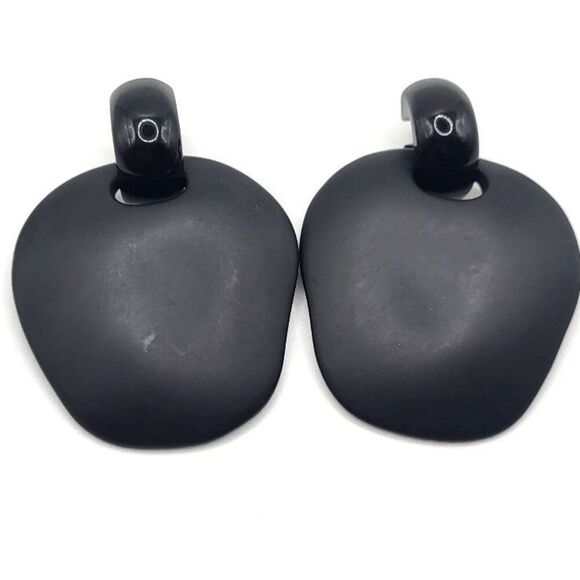 Vintage 80s Shiny Matte Black Post Stud Earrings 2.5in - Picture 2 of 4